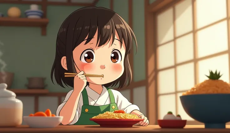 Ghibli style、Video of a girl eating Japanese food
