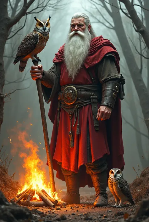  The Slavic god Svarog the good with a long white beard,  are holding a hammer ,  There is a bonfire nearby, Owls, owls 