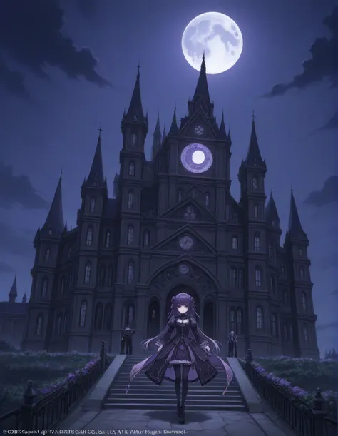 Ink and watercolor illustration on parchment. dark blue and dark purple. Amid a fantasy realm, stands a huge mansion silhouetted against the sky, gothic aesthetic. A pale figure stands before the mansion and beckons to the viewer. Night scene. a full moon ...