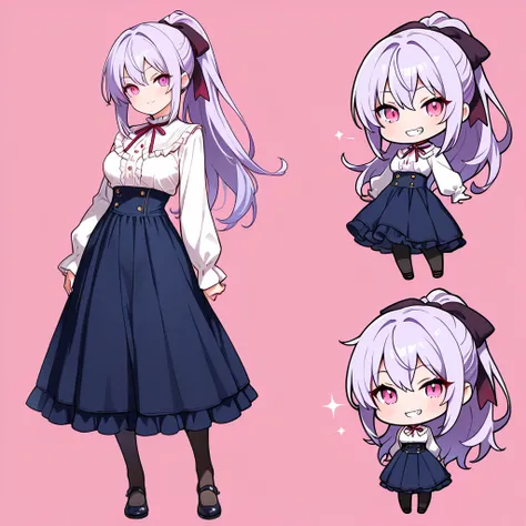 ((masterpiece, best quality, extremely detailed)), 1girl, ((chibi, chibi only)), light purple hair, long hair, ponytail, pink eyes, vampire, fluffy, (white shirt, long sleeves, blue high-waist long skirt, frills), black pantyhose, hair ribbon, grin, lookin...