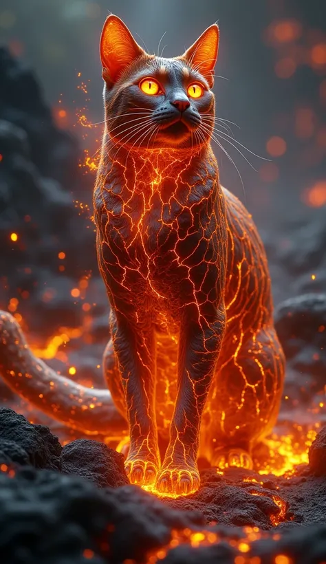 Hyper-realistic, 8K. The cat is transformed into a mesmerizing figure of molten beauty, its form glowing with incandescent energy and etched with fiery crackles that pulsate with heat. Scene details: The cat's body is carved from glowing lava, its surface ...