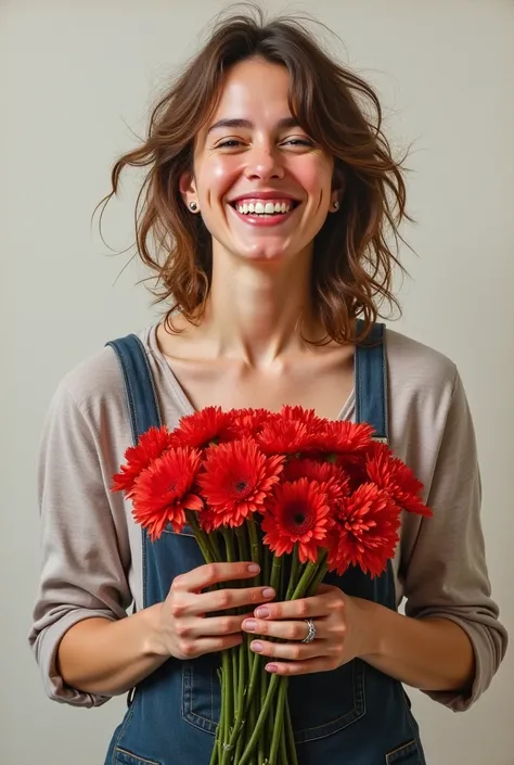 Realistic painting disheveled but happy white woman.  full body . Bouquet d'Oeillets Rouge 