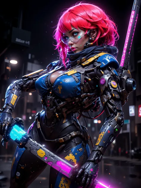 Combat Gynoid with neon red bob cut hair, curvaceous figure with a narrow waist and wide hips, dark skin, glowing blue eyes, wearing bright cyan lipstick, grasping a high-tech katana, clad in high-tech blue and gold body suit with metallic accents, set aga...