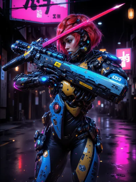 Combat Gynoid with neon red bob cut hair, curvaceous figure with a narrow waist and wide hips, dark skin, glowing blue eyes, wearing bright cyan lipstick, grasping a high-tech katana, clad in high-tech blue and gold body suit with metallic accents, set aga...