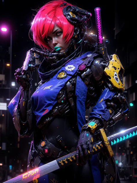 Combat Gynoid with neon red bob cut hair, curvaceous figure with a narrow waist and wide hips, dark skin, glowing blue eyes, wearing bright cyan lipstick, grasping a high-tech katana, clad in high-tech blue and gold body suit with metallic accents, set aga...