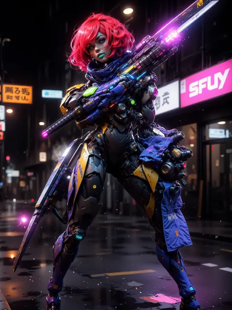 Combat Gynoid with neon red bob cut hair, curvaceous figure with a narrow waist and wide hips, dark skin, glowing blue eyes, wearing bright cyan lipstick, grasping a high-tech katana, clad in high-tech blue and gold body suit with metallic accents, set aga...