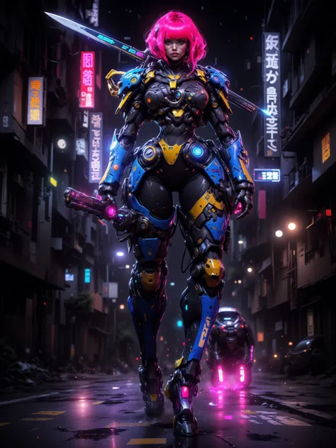 Combat Gynoid with neon red bob cut hair, curvaceous figure with a narrow waist and wide hips, dark skin, glowing blue eyes, wearing bright cyan lipstick, grasping a high-tech katana, clad in high-tech blue and gold body suit with metallic accents, set aga...