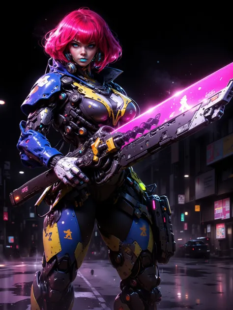 Combat Gynoid with neon red bob cut hair, curvaceous figure with a narrow waist and wide hips, dark skin, glowing blue eyes, wearing bright cyan lipstick, grasping a high-tech katana, clad in high-tech blue and gold body suit with metallic accents, set aga...