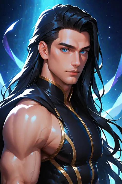 score_9, score_8_up, score_7_up, detailed. painterly digital art depicting a stunning, handsome man with chiseled features and piercing blue eyes and (((long black hair))). He is wearing a black hood. The background is a dark with shimmering patterns danci...