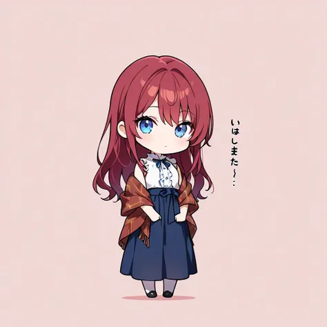 ((masterpiece, best quality, extremely detailed)), 1girl, ((chibi, chibi only)), red hair, long hair, blue eyes, white frilled shirt, sleeveless, frills, dark blue long skirt, shawl, looking at viewer, full body, no cropping, simple background, 