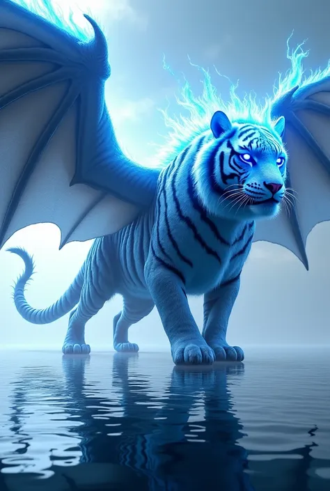 A huge giant blue fire tiger with giant wings walking on water 