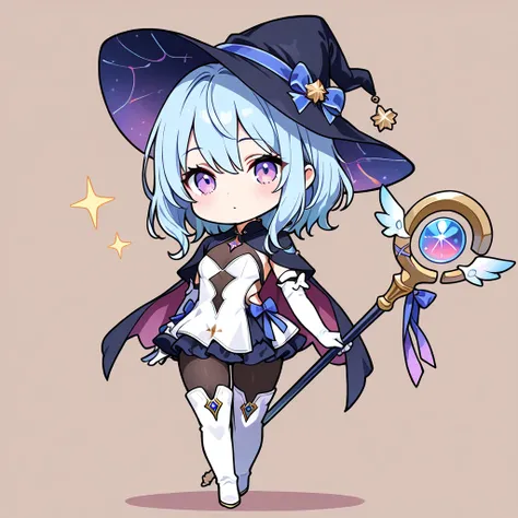 ((masterpiece, best quality, extremely detailed)), 1girl, ((chibi, chibi only)), light blue hair, medium hair, purple eyes, witch, strapless dress, frills, short dress, shrug (clothing), side cutout, see-through cleavage, black pantyhose, white thigh boots...