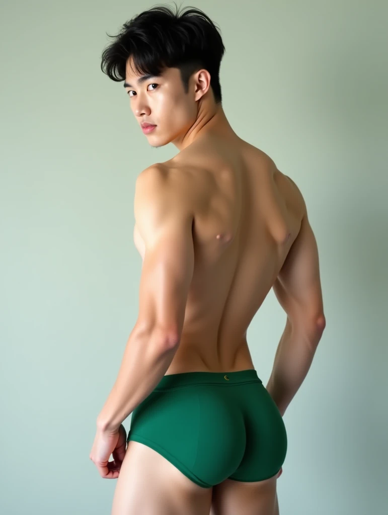 Young Korean man, tight green jock strap, black hair, brown eyes, fit, handsome, bubble butt