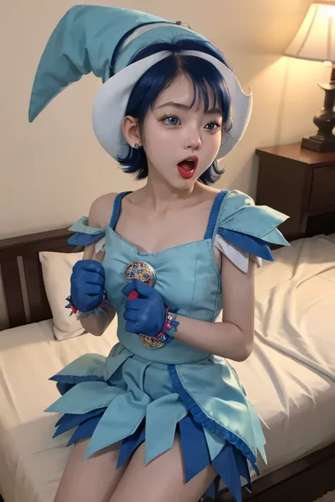  real 、 Japanese  Girl 、Solo, Ojax NMGC , Blue eyes, blue hair, Short Hair, file、 sleep on your back on the bed、Bangs, Ahoghe,  Witch Hat, Blue Dress, Blue Skirt, Short skirt,  Puffy Shoulder Sleeves ,  blue gloves , Jewelry, Peeing while standing,  lookin...