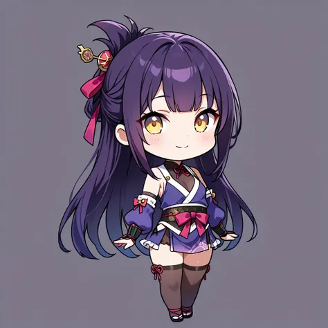 ((masterpiece, best quality, extremely detailed)), 1girl, ((chibi, chibi only)), petite, dark purple hair, very long hair, folded ponytail, yellow eyes, hair ornament, ninja, leotard, see-through cleavage, see-through midriff, detached sleeves, miniskirt, ...