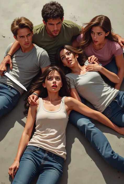 group of three girls and two boys who are on their backs, One of the men has a knife 