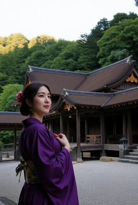 in front of picture, there is a beautiful and elez asian woman, wearing a deep purple kimono,and in Background:a tranquil scene of a traditional Japanese Shinto shrine at dusk. The shrine buildings should feature intricate wooden architecture with curved r...