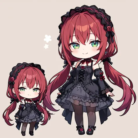 ((masterpiece, best quality, extremely detailed)), 1girl, ((chibi, chibi only)), red hair, very long hair, low twintails, green eyes, looking at viewer, half-closed eyes, smile, black dress, gothic lolita, detached sleeves, see-through frills, frills, hair...