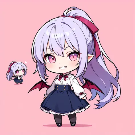 ((masterpiece, best quality, extremely detailed)), 1girl, ((chibi, chibi only)), light purple hair, long hair, ponytail, pink eyes, vampire, fluffy, (white shirt, long sleeves, blue high-waist long skirt, frills), black pantyhose, hair ribbon, grin, lookin...