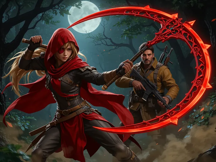 A determined young female warrior with long, flowing blonde hair and a red hooded outfit, wielding a massive crimson scythe. She wears a red eyepatch over one eye, adding to her fierce and battle-ready look. Opposite her stands a rugged, strong male hunter...