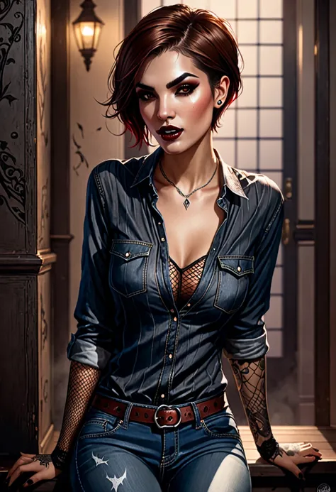 im Stil von Charlie Bowater, (UHD),vampire,  detailed face , fangs, , fishnet shirt, Latin, Jeans, barefoot,  open mouth to bite , Brown,  short hair,  Small tattoo on face (Right cheek ), 