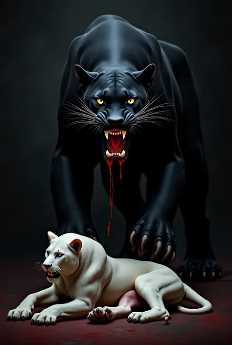 Black panther with bloody fangs hanging over the body of a dead, wounded white lion, The panther roars 