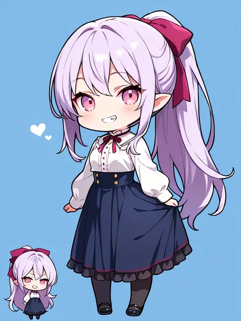 ((masterpiece, best quality, extremely detailed)), 1girl, ((chibi, chibi only)), light purple hair, long hair, ponytail, pink eyes, vampire, fluffy, (white shirt, long sleeves, blue high-waist long skirt, frills), black pantyhose, hair ribbon, grin, lookin...