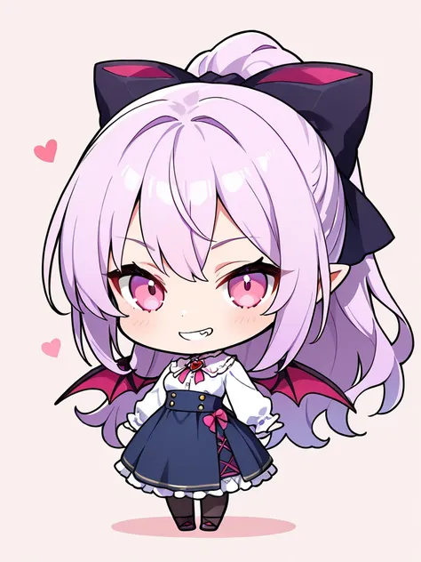 ((masterpiece, best quality, extremely detailed)), 1girl, ((chibi, chibi only)), light purple hair, long hair, ponytail, pink eyes, vampire, fluffy, (white shirt, long sleeves, blue high-waist long skirt, frills), black pantyhose, hair ribbon, grin, lookin...