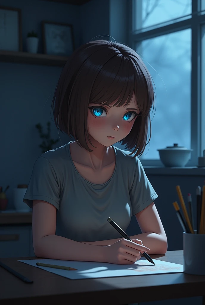  girl,  short bob brown hair,  grey t-shirt , draws at the table,  in a dark room,  Cool atmosphere , alone, doesn&#39;t look at the camera, there is a window in the background,  blue eyes