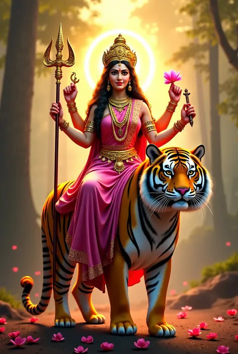 "Create a majestic digital artwork of Goddess Durga seated on a powerful tiger. She wears a flowing pink saree with golden embroidery, adorned with intricate jewelry and a radiant crown. She holds a golden trident, a mace, and a pink lotus, with a divine g...