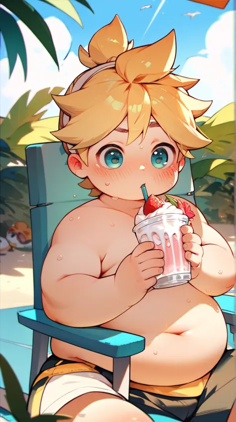 1 boy, (male ), Kagamine Len, cute, chubby, shirtless, belly button exposed, sitting on a chair on a beach , face deep blushed, sweating, holding a milkshake on his hand