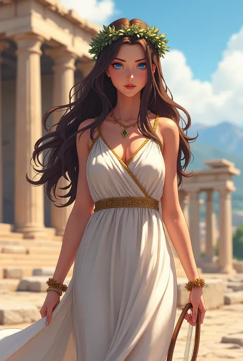  "4K anime style quality, digital drawing mode, Greece-themed anime female character, long wavy dark brown hair adorned with a laurel wreath, striking blue eyes, wearing a flowing white chiton with golden accents, standing on a sunlit Acropolis with ancien...