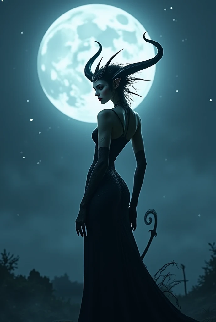  The image of a very beautiful demon has small horns sitting under the moonlights and its image is dark 