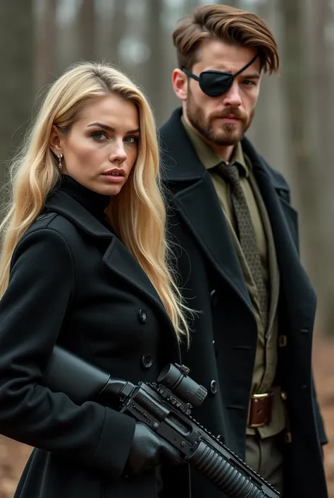 Beautiful blonde woman with long hair wearing a black coat with a turtleneck sweater underneath and wearing black gloves she is armed with an assault rifle and is accompanied by a handsome tall and strong man with an eye patch with short brown hair with a ...