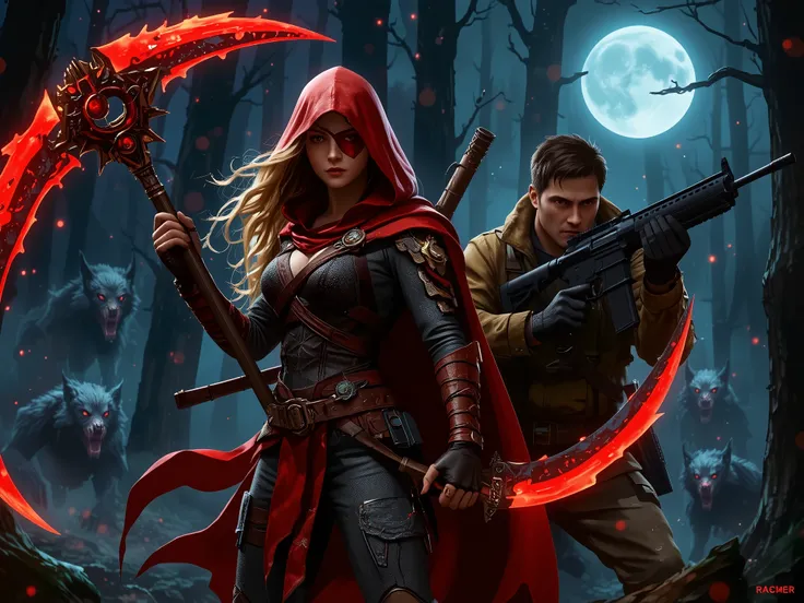 A fierce young female warrior with long, flowing blonde hair, wearing a red hooded cloak and a red eyepatch over one eye. She grips a massive crimson scythe with glowing edges, ready for battle. Beside her stands a rugged male hunter with a muscular build,...