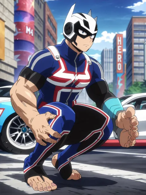 (masterpiece, best quality, anime, anime coloring:1.3, superhigh res). ((Car Hero)),(synth), ((Superhero)), (((A muscular man wearing a race helmet and superhero suit, his extremities such as hands and feet can transform into car wheels))). Big city avenue...