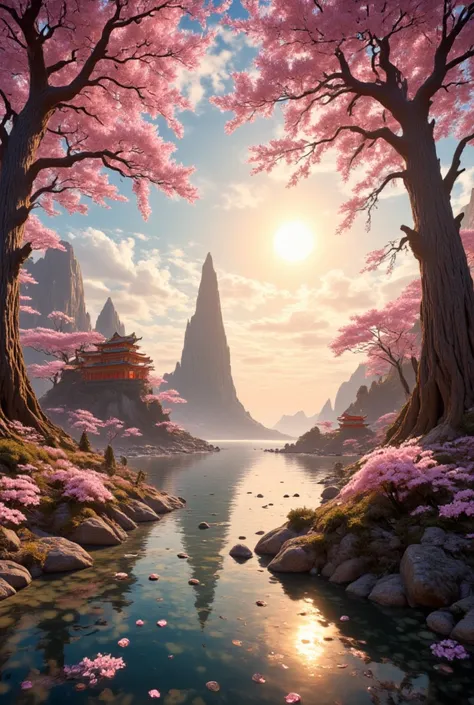 
     - a shrine on the coast of another world  。Cherry trees are unusually large  、 The sun is reflected on the surface of the lake
Cherry blossom petals are dancing 