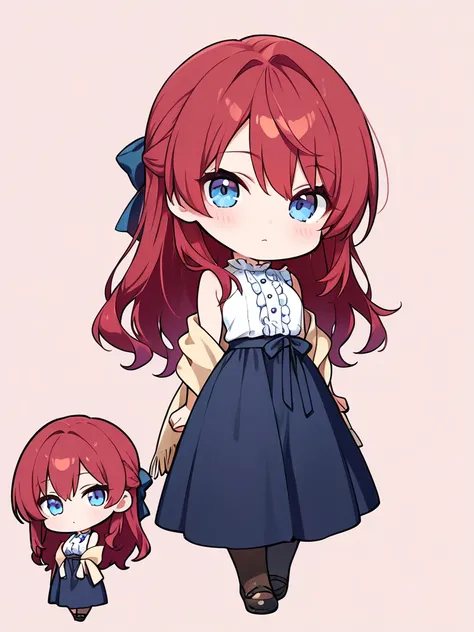 ((masterpiece, best quality, extremely detailed)), 1girl, ((chibi, chibi only)), red hair, long hair, blue eyes, white frilled shirt, sleeveless, frills, dark blue long skirt, shawl, looking at viewer, full body, no cropping, simple background, 