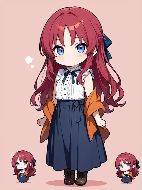 ((masterpiece, best quality, extremely detailed)), 1girl, ((chibi, chibi only)), red hair, long hair, blue eyes, white frilled shirt, sleeveless, frills, dark blue long skirt, shawl, looking at viewer, full body, no cropping, simple background, 