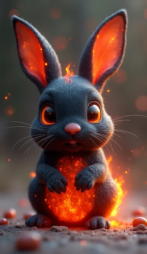 A cute and realistic bunny. The bunny's skin is made of black and dark red lava, like a burning fire.