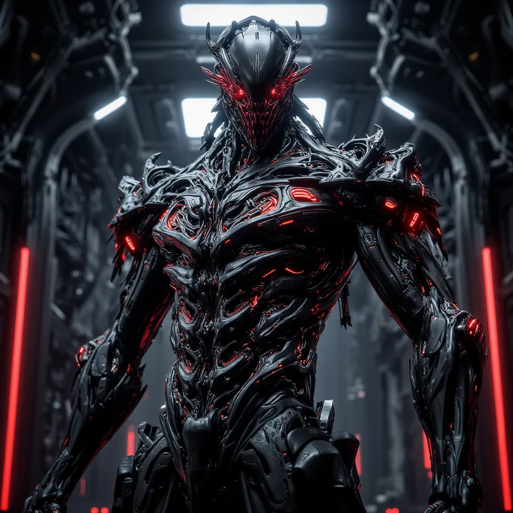 A diabolical male android. contrasting, colorful, vivid, Front view, model shooting pose, masterpiece, best quality, 8K, looking at viewer, dimly lit, hyperdetailed, dramatic light, hyper-detailed mecha android, cyberpunk style, ultra-HD, cinematic lightin...