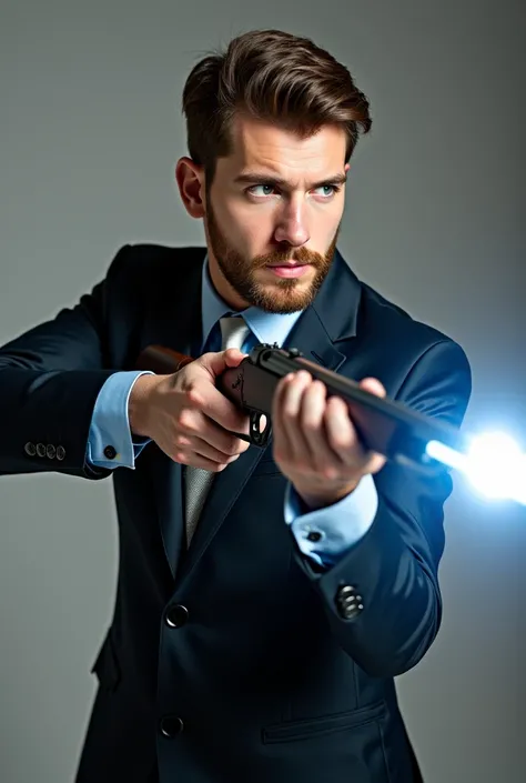 Handsome tall and strong white man with short brown hair with short beard wearing a black suit with a light blue shirt and silver tie bewitching a hunter's rifle with white light magic in combat posture