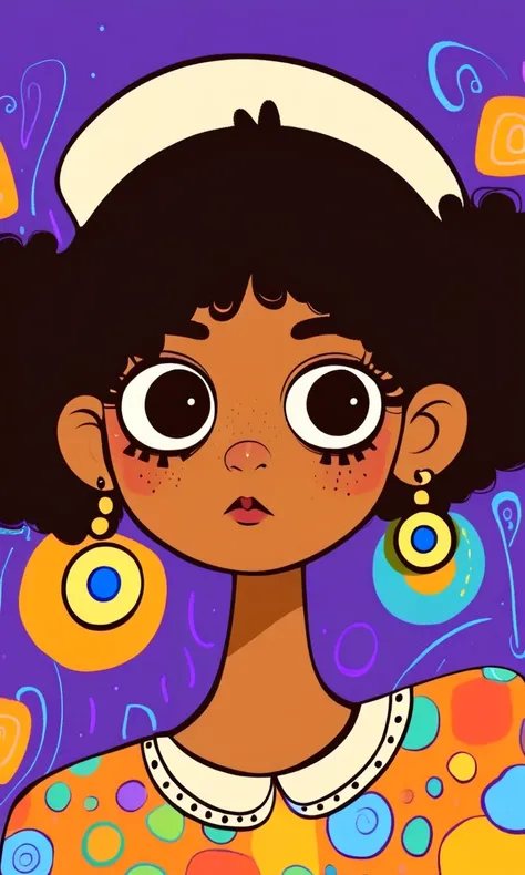 Flat Wind，Vector，ish art cartoon，Cartoon black girl with afro hair and big earrings wearing a cap, big eyes，Cute expression，Bangs，Minimalism， White collar，Lovely art style, rich and colorful! Digital illustration style, The art of math. rich and colorful c...