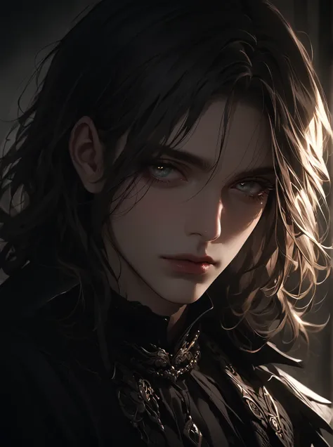 1 male character, beautiful detailed eyes, beautiful detailed lips, extremely detailed face, long eyelashes, dark mysterious aesthetic, dark outfit, brooding expression, moody lighting, cinematic, cinematic lighting, dramatic shadows, chiaroscuro, dark and...