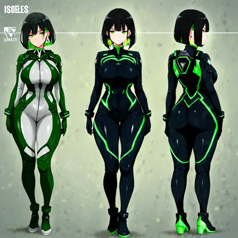 masterpiece, (((( best quality )))),,character profilele,,1 girl, Japanese anime,shiny skin, wearing a black pilot suit, dark hair, short bob hair,The inner color of the hair is green, green eyes,isosceles triangle earrings,Very thick legs,large breasts