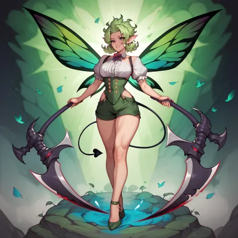 1 girl, 19 years old, Demoni mark on the forehead, half fairy and half demon, athletic body, green shorts, white blouse, thin waist, wide hips, full body, green hair, medium hair, covered body,Black eyes, Demon wings, fairy wings, Demonic Scythe ,Black aur...