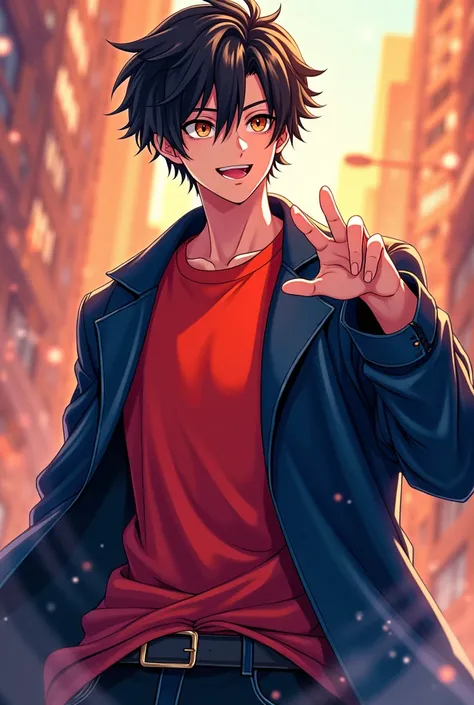 (Boy about 24 years old ) (appearance:  Black hair,  brown eyes) ( Apparel:  red t-shirt,  Very dark blue long leather jacket) (style: anime)