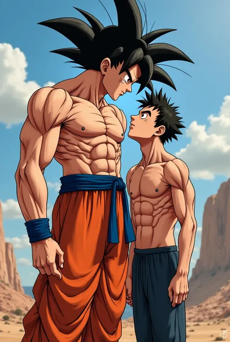 Goku and a normal adult earthling from dragon ball z. Both characters are shirtless. Goku is tall and very muscular sith huge bulging muscles. The earthling is average height and skinny. The earthling is choking goku from the neck