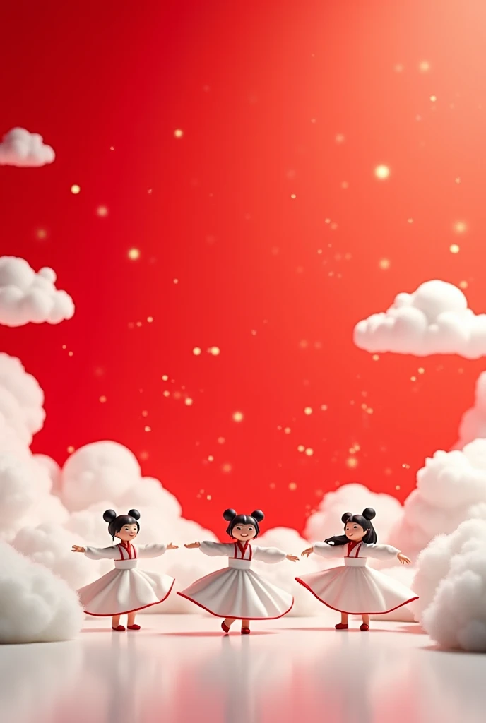 I want the background of the picture to be red and white and there are ren dancing in the middle and above them are small clouds while making the ren smaller and the clothes are white