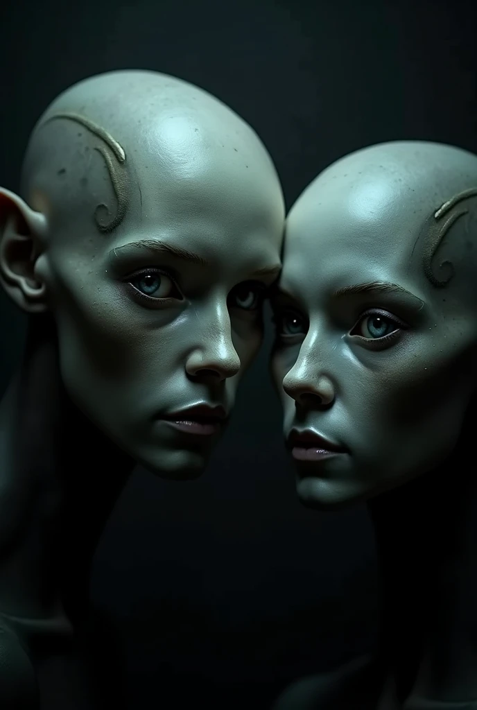 Humanoid heads in close-up  , With a dark background
